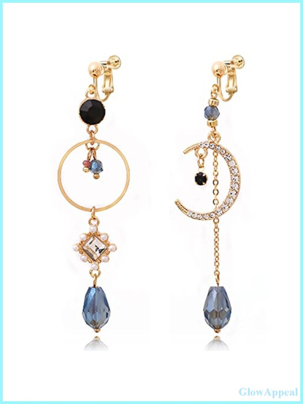 Gold-Plated Asymmetrical Sun and Moon Clip On Earrings for Women Boho Dangle